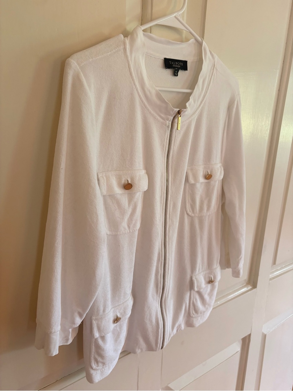 Talbots White Terry Cloth Zip-Up Jacket XL Gold Details